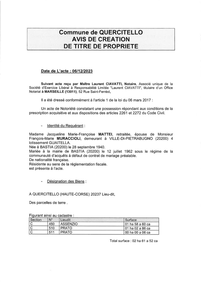 Avis de création de titre de propriété - Commune d'U Quarcitellu (Cismonte)