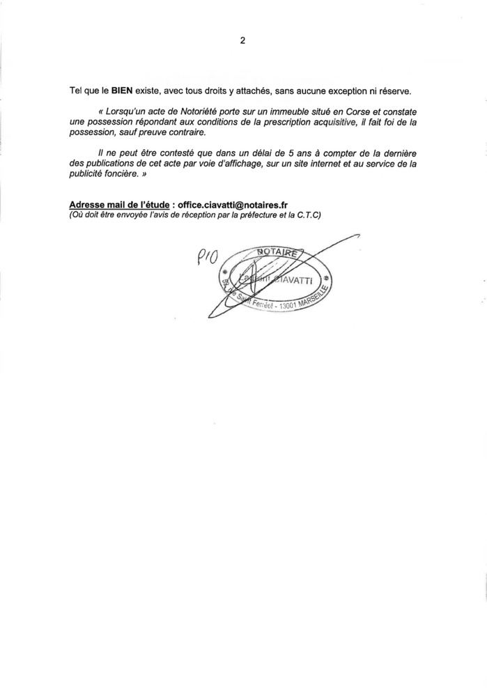 Avis de création de titre de propriété - Commune d'U Quarcitellu (Cismonte)