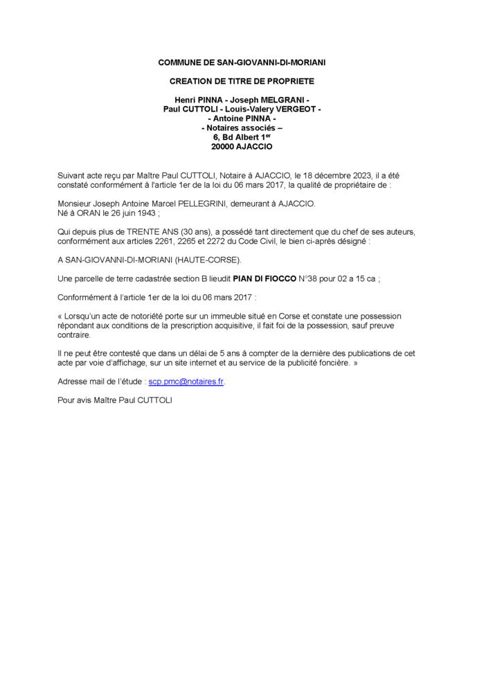 Avis de création de titre de propriété - Commune de San Ghjuvanni di Muriani (Cismonte)