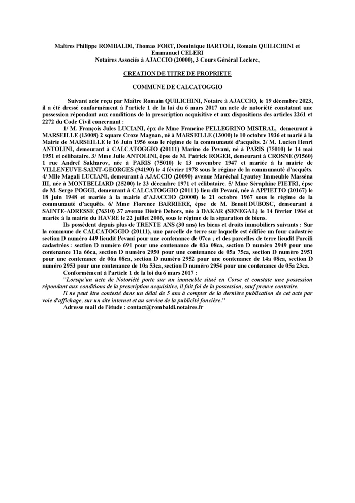 Avis de création de titre de propriété - Commune de Calcatoghju (Pumonti)