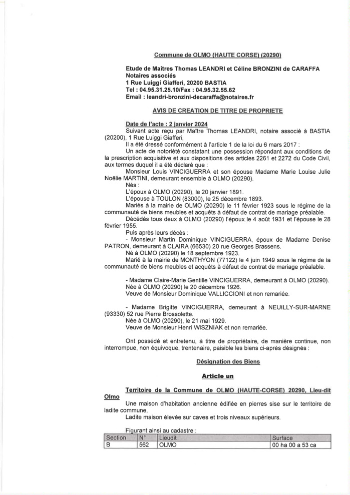 Avis de création de titre de propriété - Commune de L'Olmu (Cismonte)