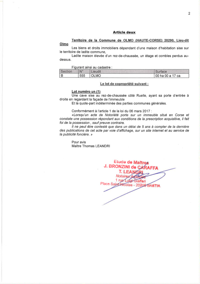 Avis de création de titre de propriété - Commune de L'Olmu (Cismonte)