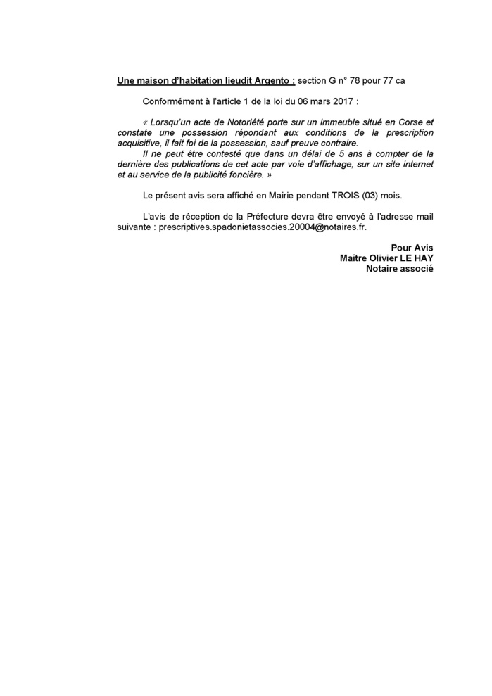 Avis de création de titre de propriété - Commune de Carghjese (Pumonti)