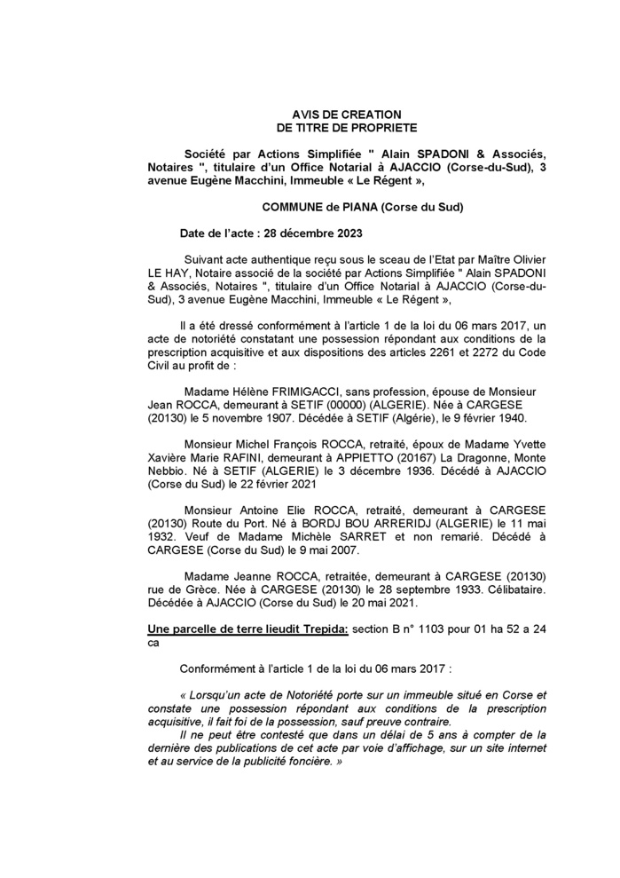 Avis de création de titre de propriété - Commune d'A Piana (Pumonti)