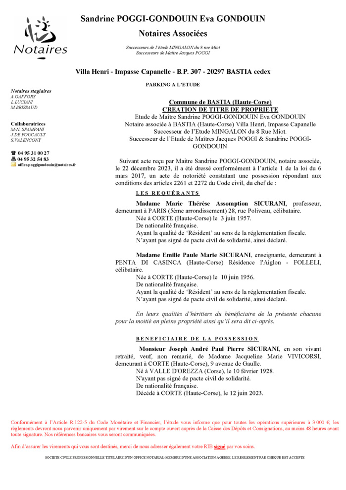 Avis de création de titre de propriété - Commune d'A Valle d'Orezza (Cismonte)