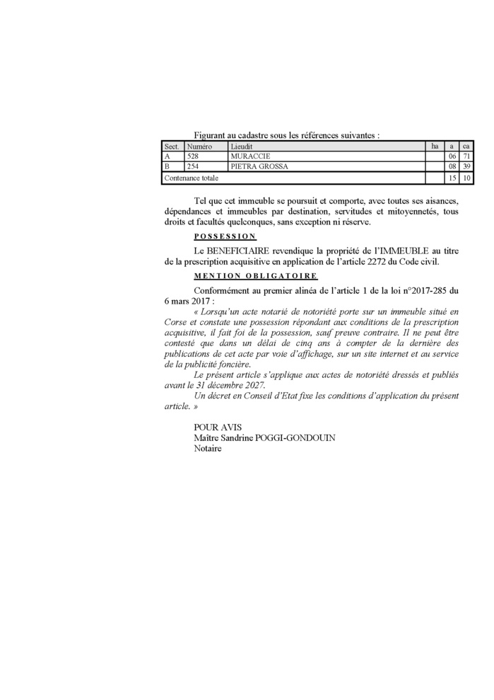 Avis de création de titre de propriété - Commune d'A Valle d'Orezza (Cismonte)