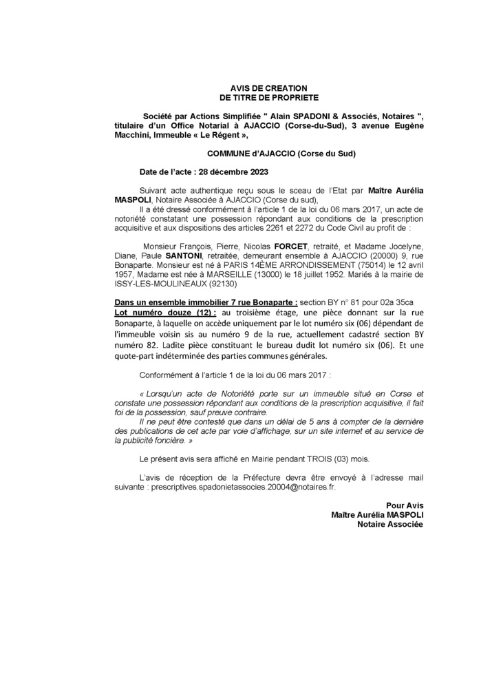 Avis de création de titre de propriété - Commune d'Aiacciu (Pumonti)