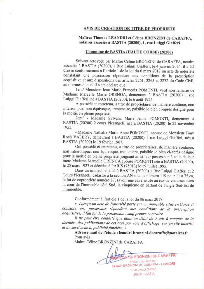 Avis de création de titre de propriété - Commune de Bastia (Cismonte)