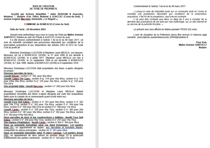 Avis de création de titre de propriété - Commune de Bonifaziu (Pumonti)