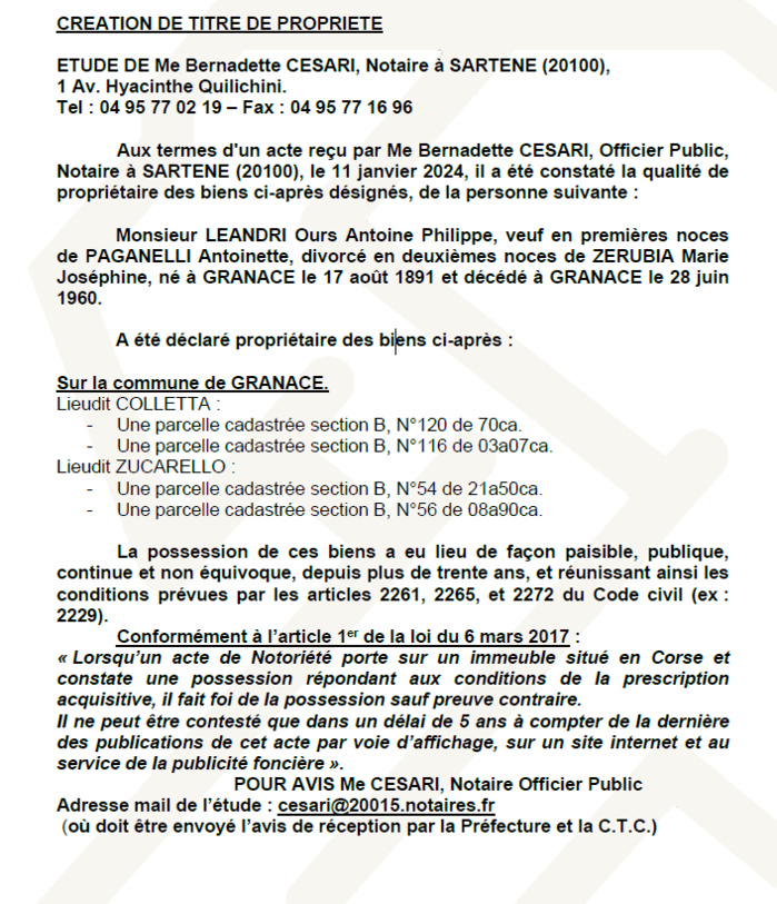 Avis de création de titre de propriété - Commune de Sartè (Pumonti)