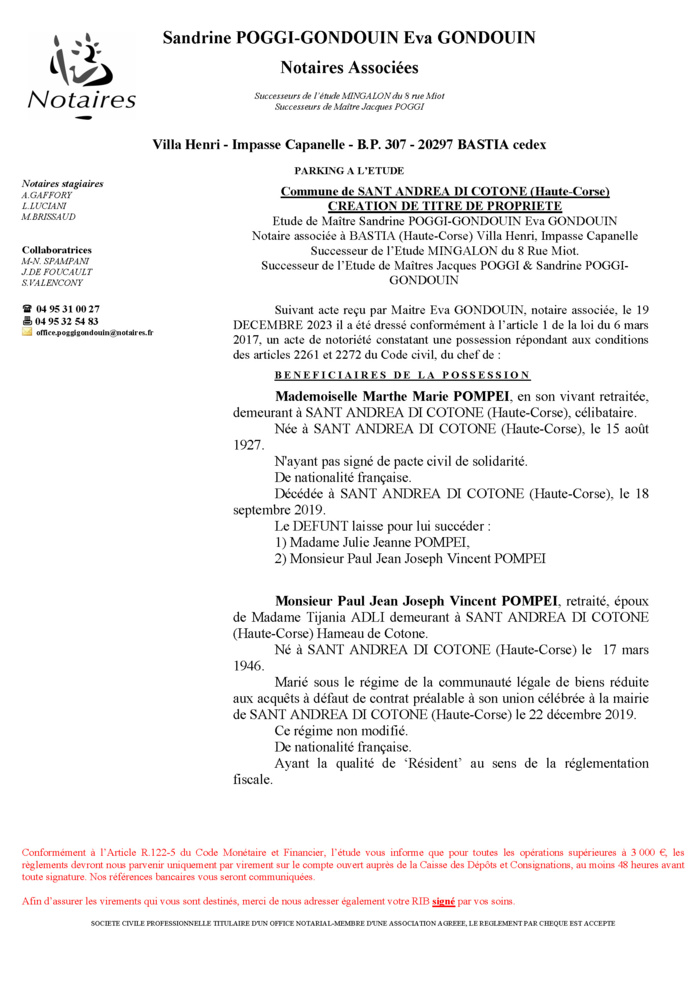 Avis de création de titre de propriété - Commune de Sant'Andria di u Cotone (Cismonte)