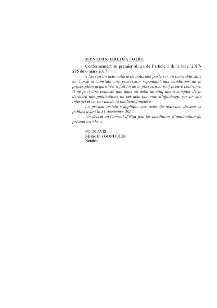 Avis de création de titre de propriété - Commune de Sant'Andria di u Cotone (Cismonte)