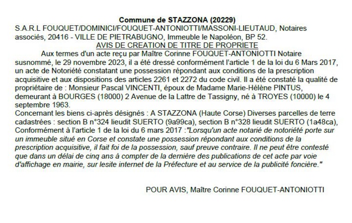 Avis de création de titre de propriété - Commune de Stazzona (Cismonte) Avis de création de titre de propriété - Commune de Stazzona (Cismonte)