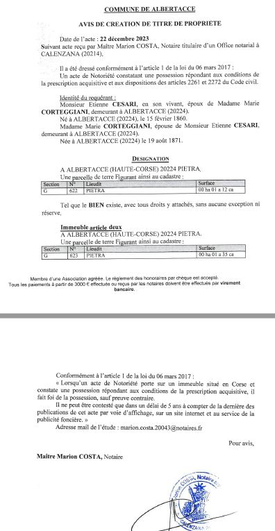 Avis de création de titre de propriété - Commune d'Albertacce (Cismonte)