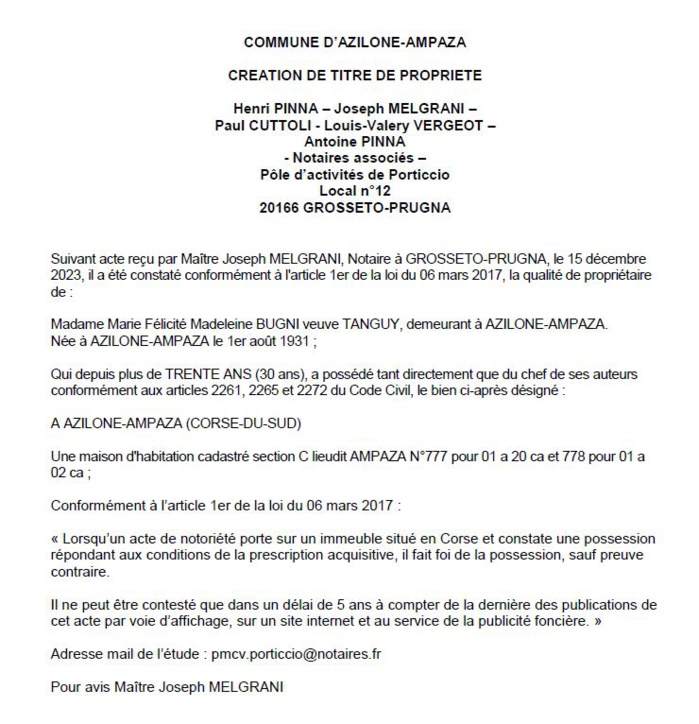 Avis de création de titre de propriété - Commune de Azilonu è Ampaza (Pumonti)