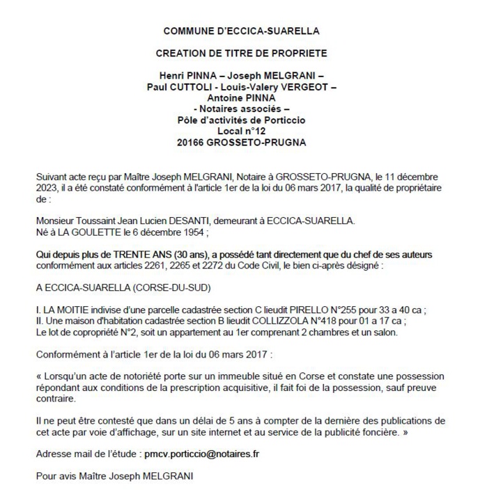 Avis de création de titre de propriété - Commune de Eccica è Suaredda (Pumonti)