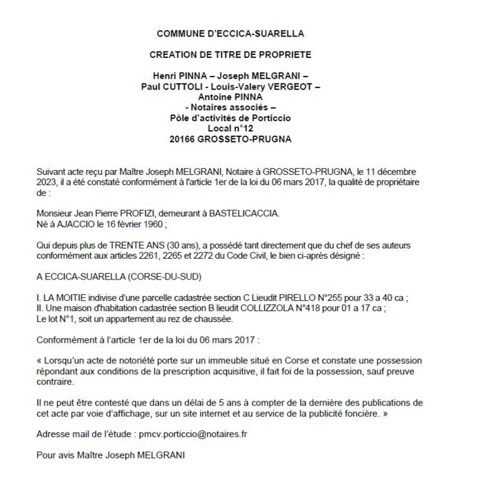 Avis de création de titre de propriété - Commune de Eccica è Suaredda (Pumonti)