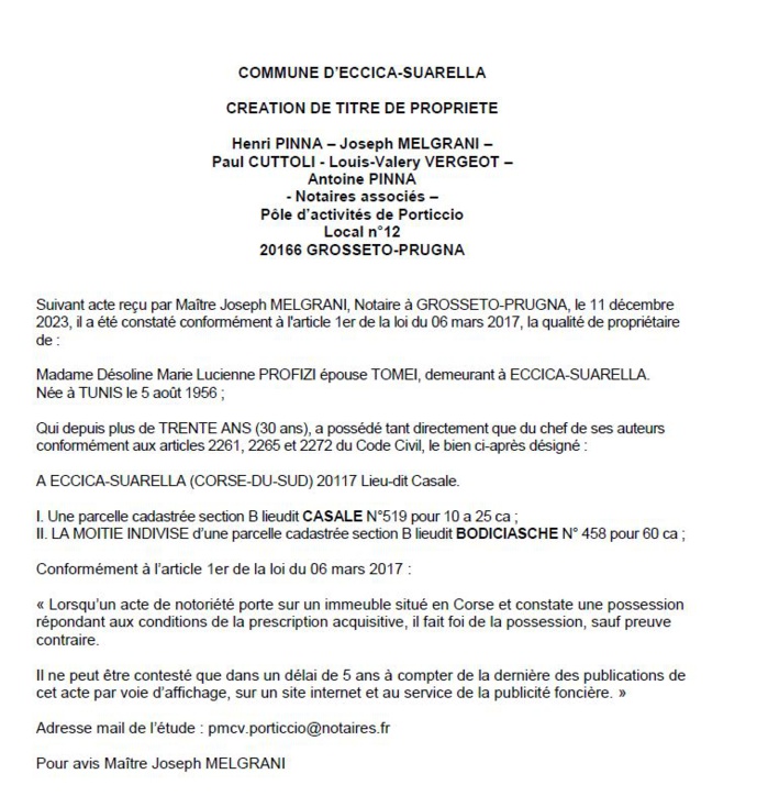 Avis de création de titre de propriété - Commune de Eccica è Suaredda (Pumonti)