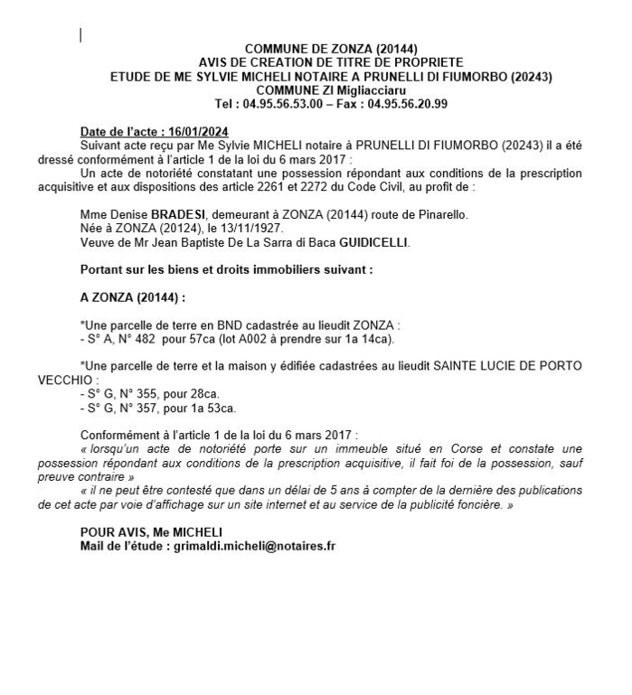 Avis de création de titre de propriété - Commune de Zonza (Pumonti) Avis de création de titre de propriété - Commune de Zonza (Pumonti)