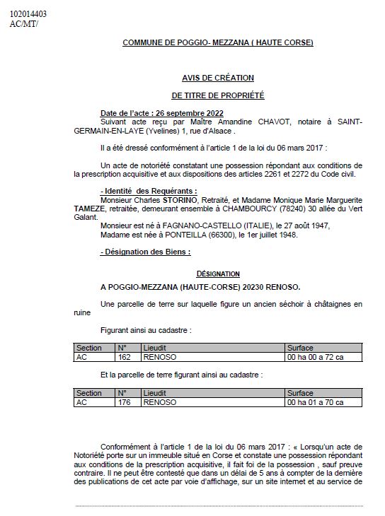 Avis de création de titre de propriété - Commune de Poghju è Mezana (Cismonte)