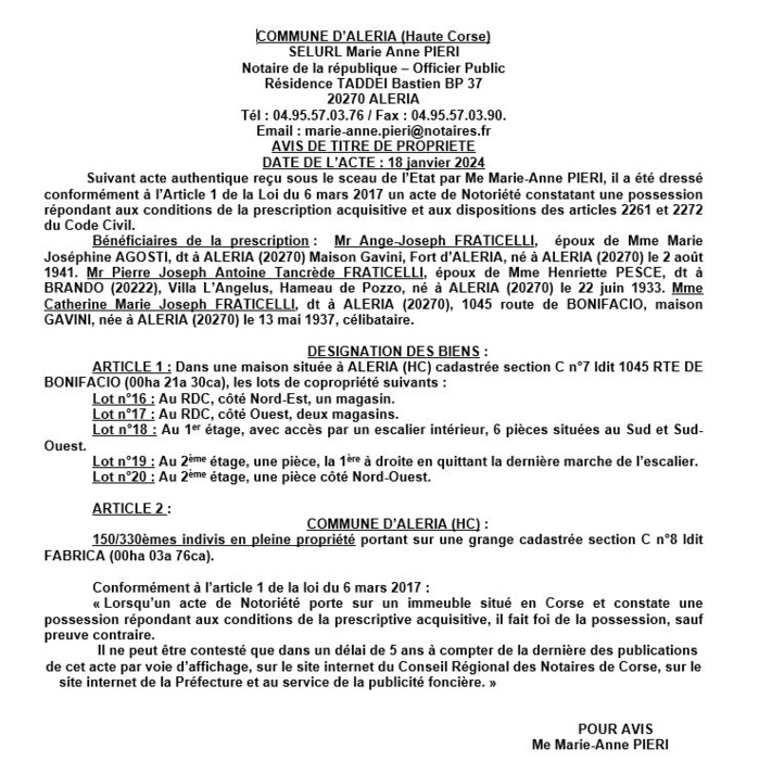 Avis de création de titre de propriété - Commune de Aleria (Cismonte) Avis de création de titre de propriété - Commune de Aleria (Cismonte)