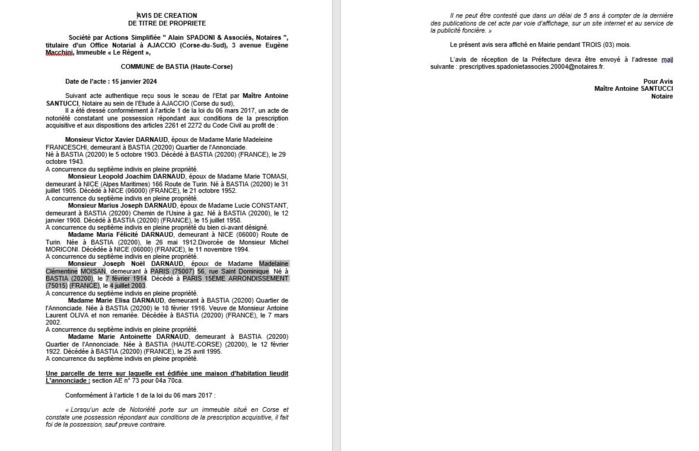 Avis de création de titre de propriété - Commune de Bastia (Cismonte) Avis de création de titre de propriété - Commune de Bastia (Cismonte)