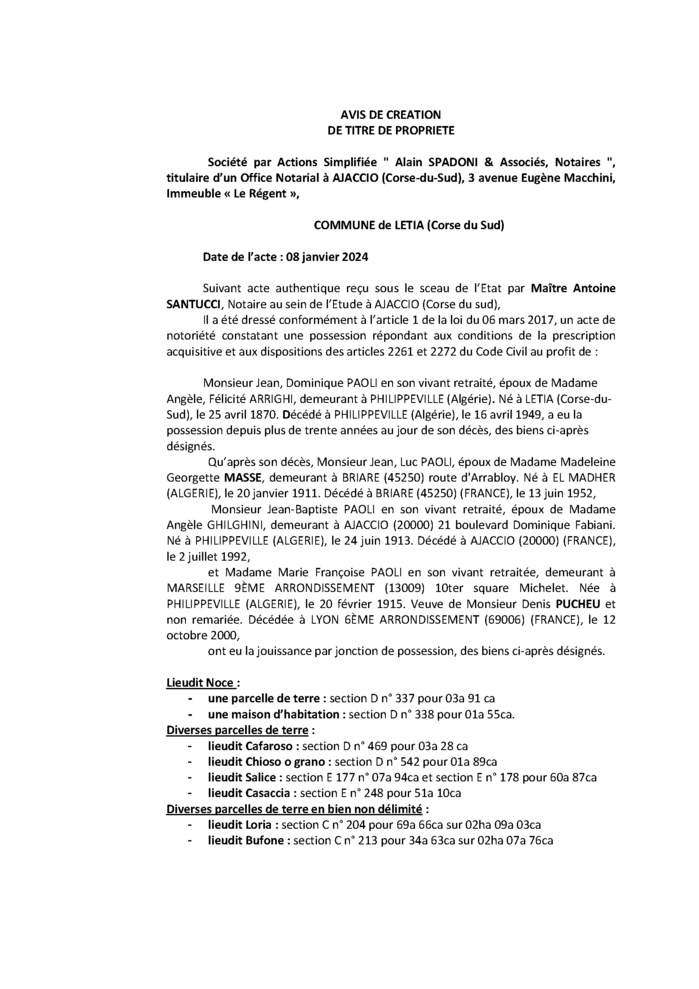 Avis de création de titre de propriété - Commune de Letia (Pumonti) Avis de création de titre de propriété - Commune de Letia (Pumonti)