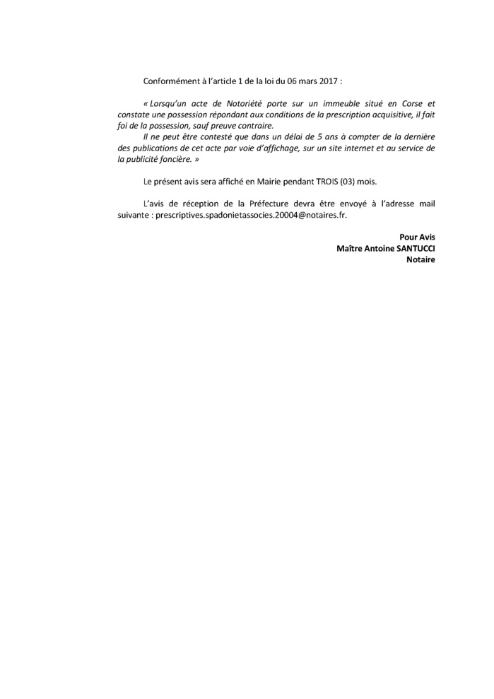 Avis de création de titre de propriété - Commune de Letia (Pumonti)