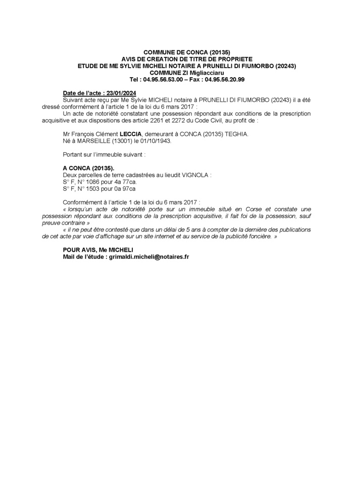 Avis de création de titre de propriété - Commune de Conca (Pumonti) Avis de création de titre de propriété - Commune de Conca (Pumonti)