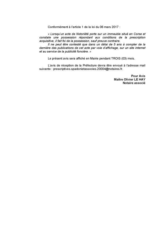 Avis de création de titre de propriété - Commune de Vivariu (Cismonte) Avis de création de titre de propriété - Commune de Vivariu (Cismonte)