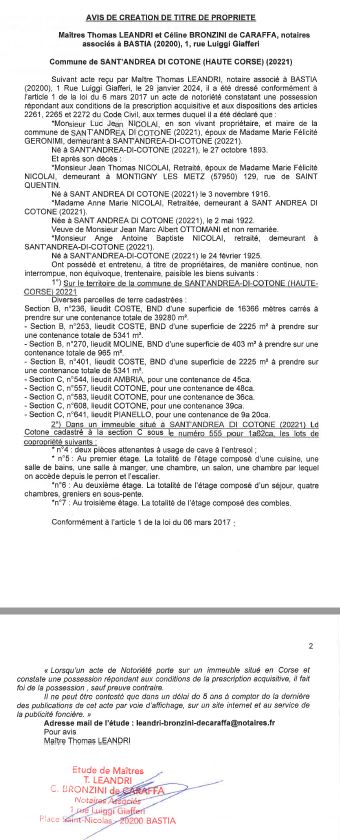 Avis de création de titre de propriété - Commune de Sant'Andria di u Cotone (Cismonte)