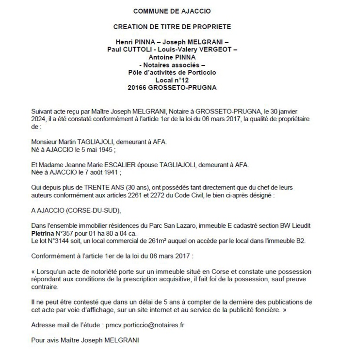 Avis de création de titre de propriété - Commune d'Aiacciu (Pumonti)