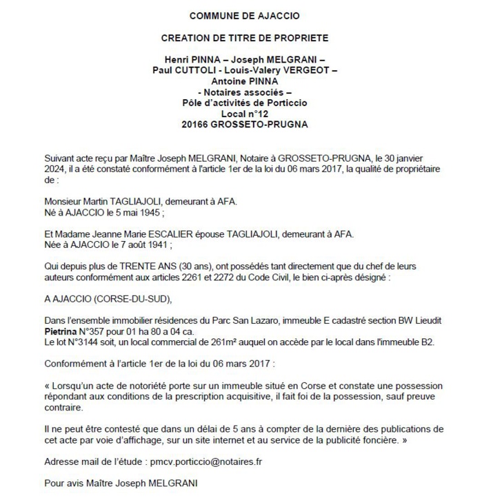 Avis de création de titre de propriété - Commune d'Aiacciu (Pumonti) Avis de création de titre de propriété - Commune d'Aiacciu (Pumonti)