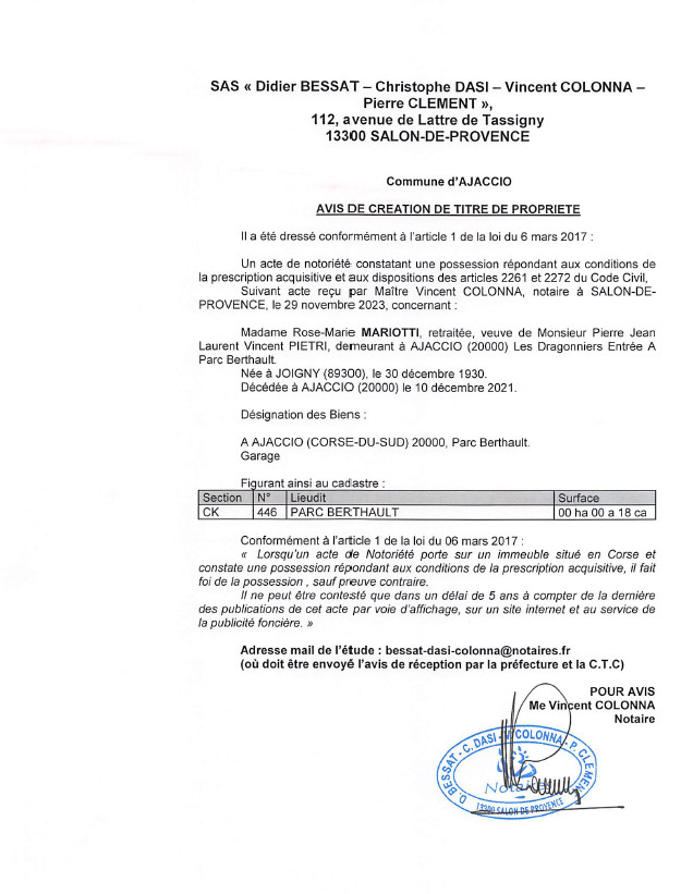 Avis de création de titre de propriété - Commune d'Aiacciu (Pumonti) Avis de création de titre de propriété - Commune d'Aiacciu (Pumonti)