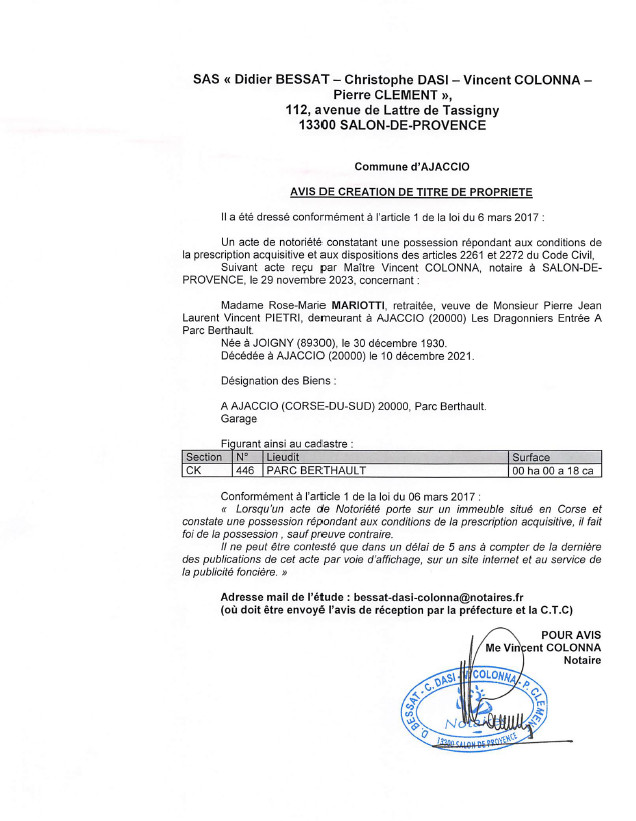 Avis de création de titre de propriété - Commune d'Aiacciu (Pumonti)