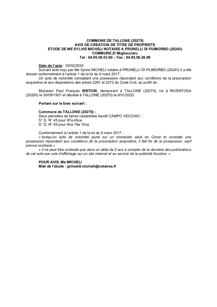 Avis de création de titre de propriété - Commune de Tallone (Cismonte) Avis de création de titre de propriété - Commune de Tallone (Cismonte)