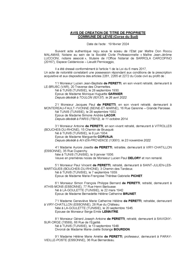 Avis de création de titre de propriété - Commune de Livia (Pumonti) Avis de création de titre de propriété - Commune de Livia (Pumonti)
