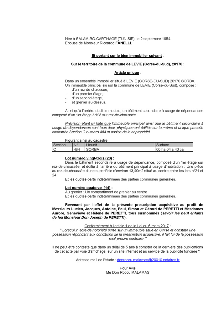 Avis de création de titre de propriété - Commune de Livia (Pumonti)