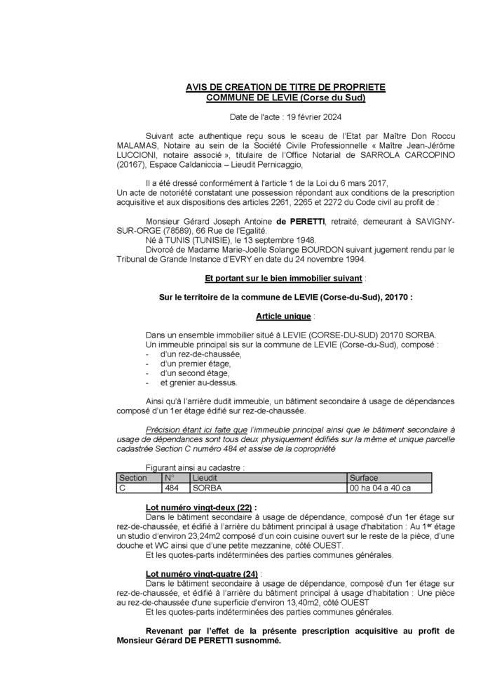 Avis de création de titre de propriété - Commune de Livia (Pumonti) Avis de création de titre de propriété - Commune de Livia (Pumonti)