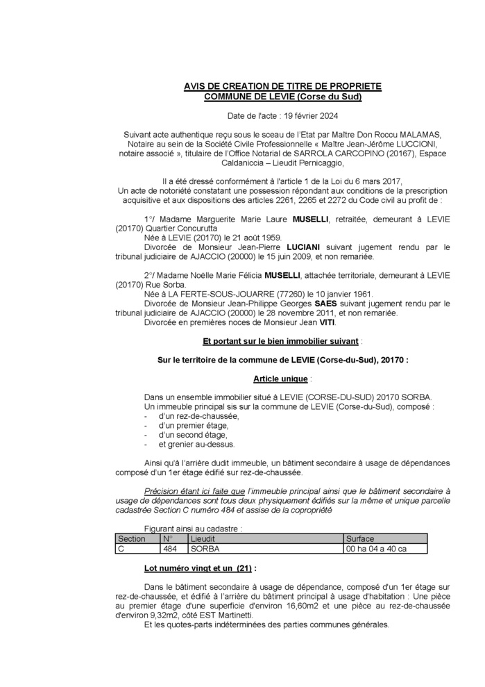 Avis de création de titre de propriété - Commune de Livia (Pumonti) Avis de création de titre de propriété - Commune de Livia (Pumonti)