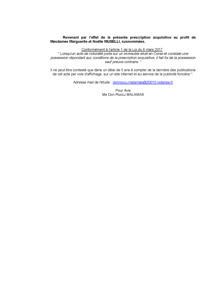 Avis de création de titre de propriété - Commune de Livia (Pumonti) Avis de création de titre de propriété - Commune de Livia (Pumonti)