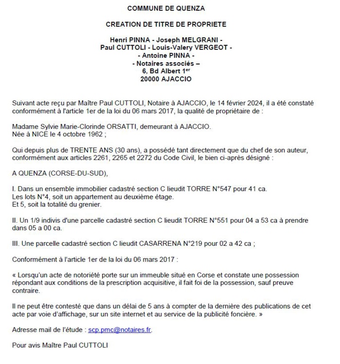 Avis de création de titre de propriété - Commune de Quenza (Pumonti)