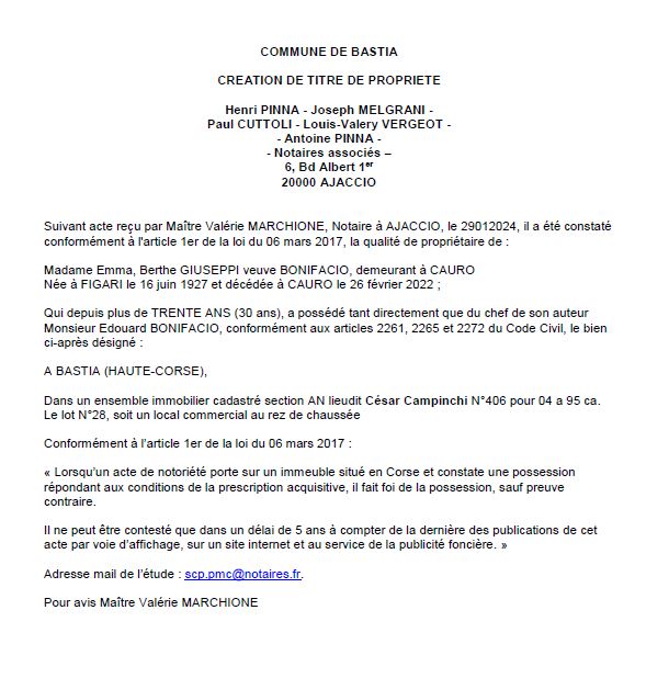 Avis de création de titre de propriété - Commune de Bastia (Cismonte)