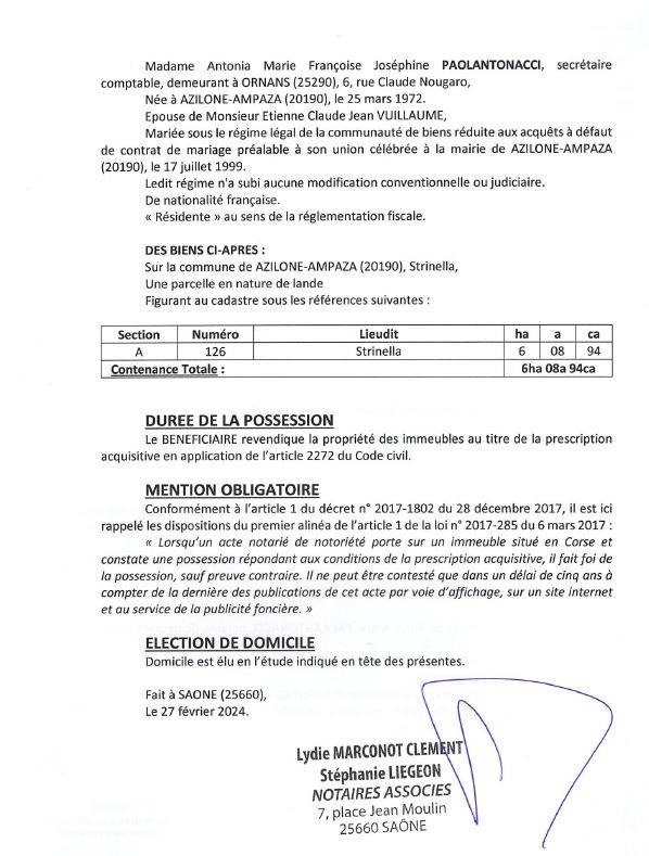 Avis de création de titre de propriété - Commune d'Azilonu è Ampaza (Pumonti)