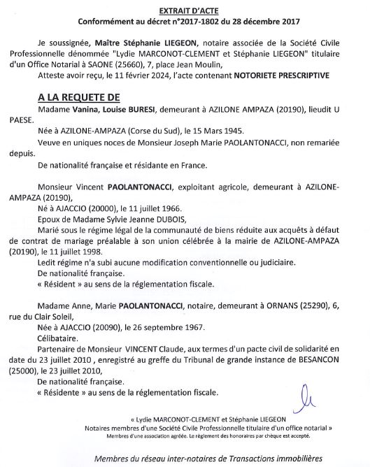 Avis de création de titre de propriété - Commune d'Azilonu è Ampaza (Pumonti)