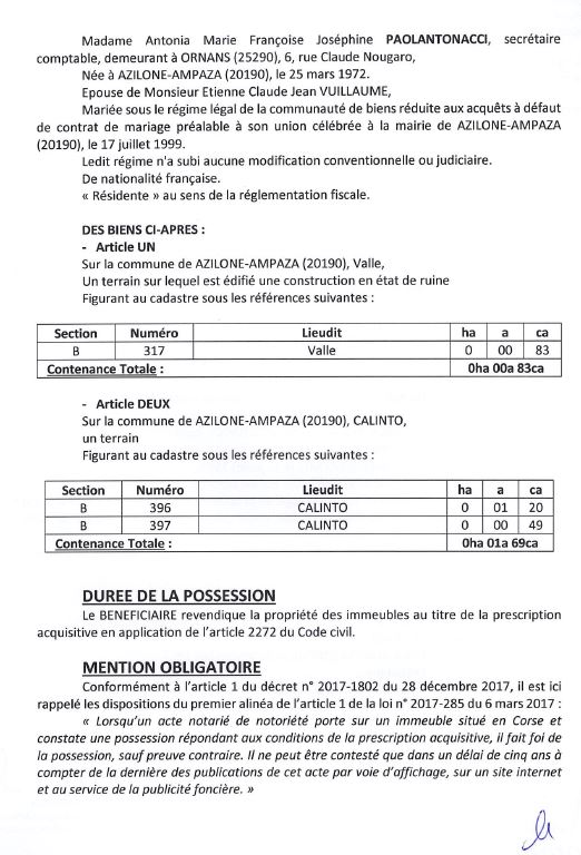 Avis de création de titre de propriété - Commune d'Azilonu è Ampaza (Pumonti)