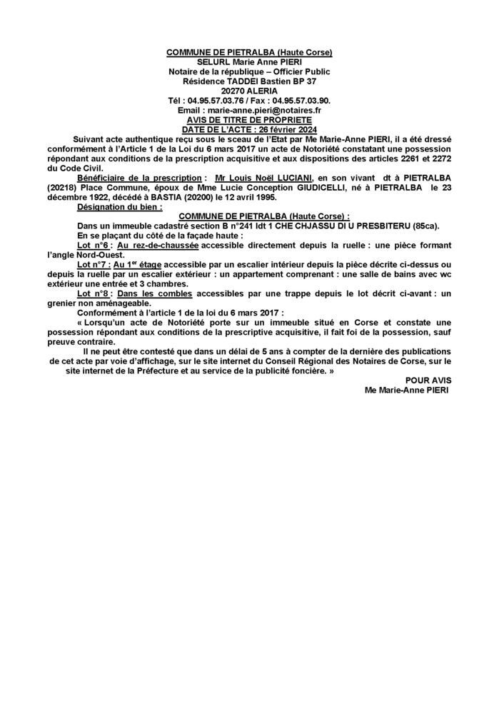 Avis de création de titre de propriété - Commune de Petralba (Cismonte)