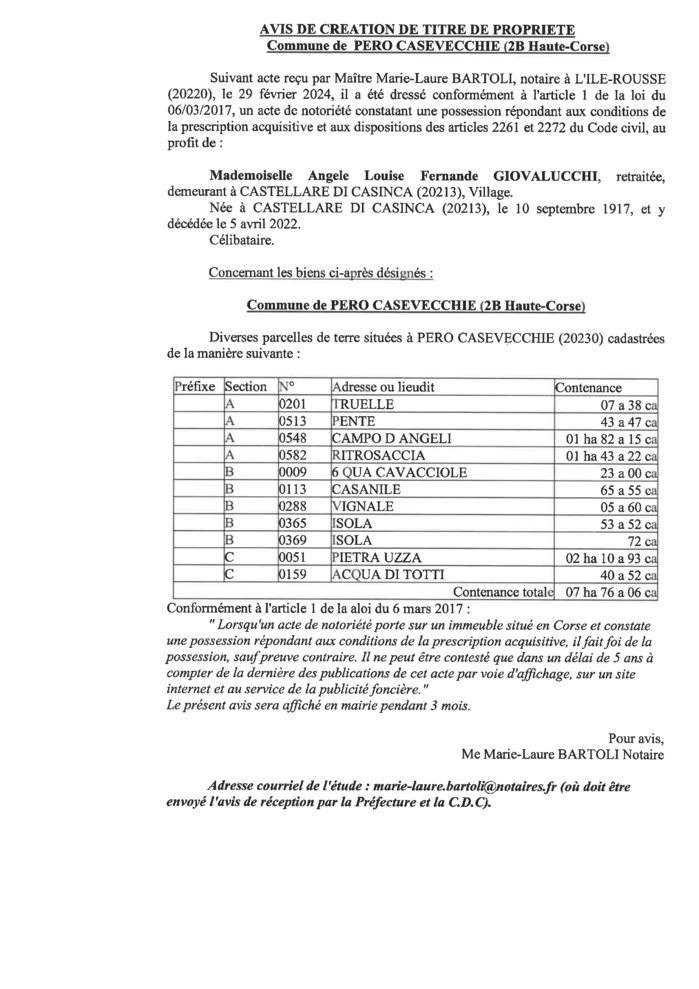 Avis de création de titre de propriété - Commune de Peru è Casevechje (Cismonte)