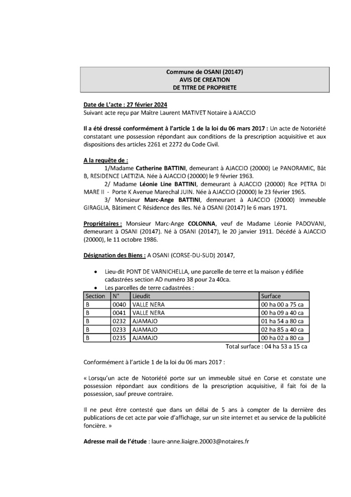 Avis de création de titre de propriété - Commune d'Osani (Pumonti)