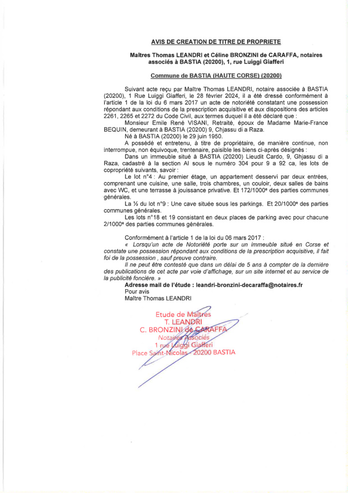 Avis de création de titre de propriété - Commune de Bastia (Cismonte)